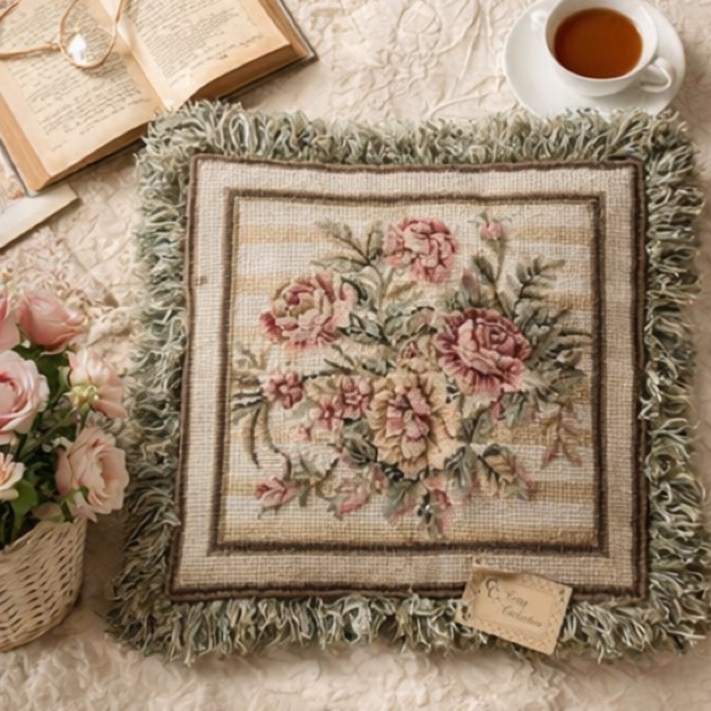 Vintage Union Trading Wool Needlepoint Velvet Pillow Cover Floral NWT